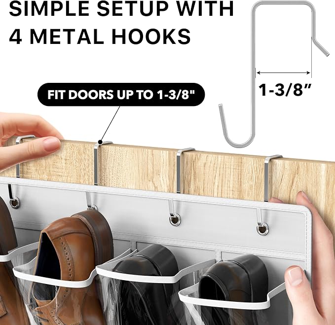 Simple Houseware 24 Pockets Large Clear Over the Door Shoe Organizer, White | 56" x 22.5", 4 Durable Metal Hooks, 5" x 9" Pocket Size, Multipurpose - Image 5