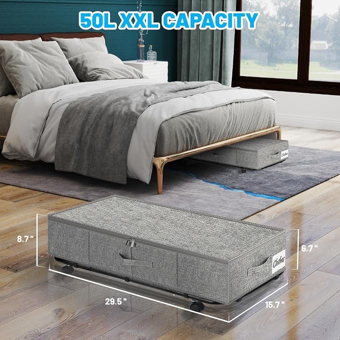 Large Sturdy Under Bed Storage with Wheels, 2 Pack 50L Rolling Underbed Storage Bins, Under Bed Containers Drawer with Metal Bottom Support, Bedroom Organizer with Lids for Clothes, Shoes, Blankets - Image 4