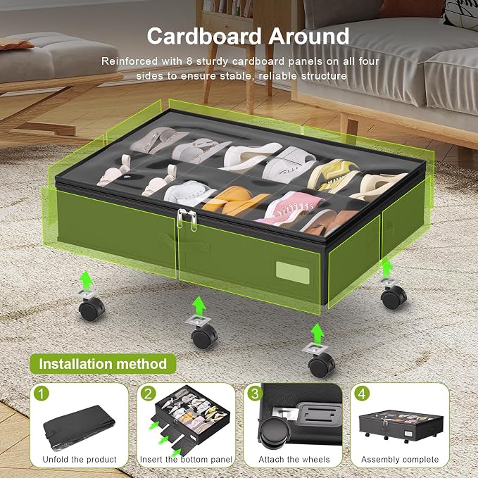 homyfort Under Bed Shoe Storage with Wheels, Fits 24 Pairs, Rolling Shoe Organizer with Bottom Support & Clear Lids, Sturdy Under Bed Storage Box for Shoes, Set of 2, Black - Image 6