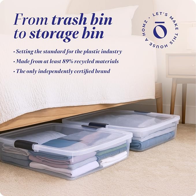 HOMZ 2-Pack Under Bed Storage, Clear Plastic Containers with Lids, 56 Quart, Gray Latch - Stackable Underbed Organizer Bins for Shoes, Bags, Clothes, and Towels - Image 7