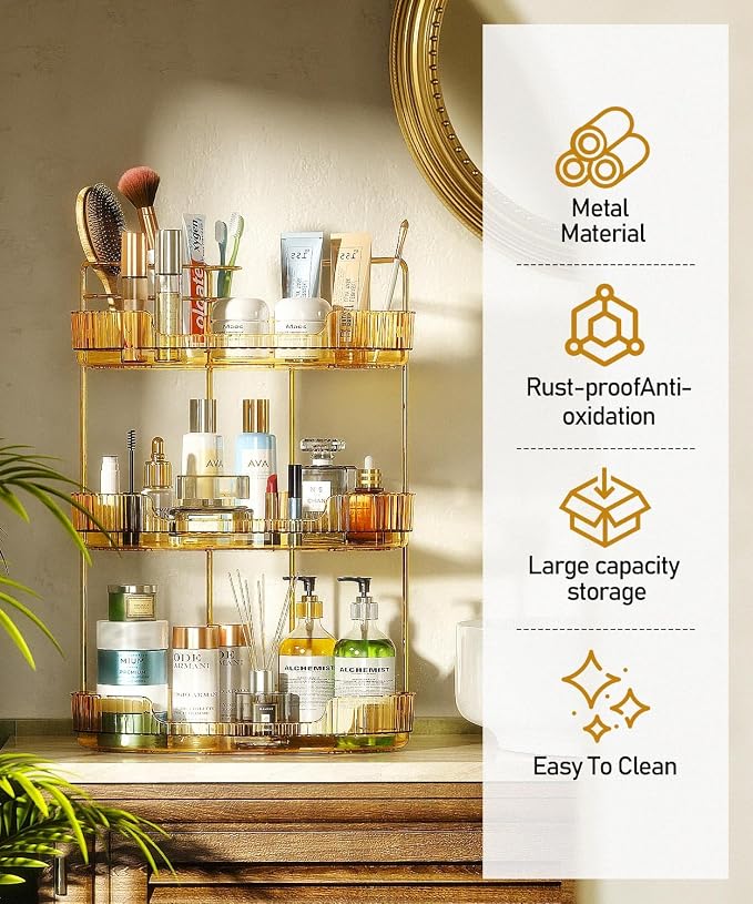 EUHOME 3-Tier Corner Bathroom Counter Organizer Makeup Cosmetic Storage, Tool-Free Installation Acrylic Vanity Shelf, Countertop Storage Organizers Perfume Tray for Bathroom, Dresser, Kitchen (Gold) - Image 4