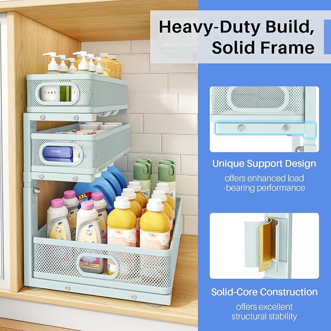 Under Sink Organizer, 3-Tier Thickened Metal Pull out Cabinet Organizer Shelf, Height Adjustable Slide out Storage Drawer Rack for Kitchen Bathroom Pantry Laundry Home, 1-Pack, LightBlue - Image 6