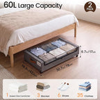 Yecaye 60 L Under Bed Storage with Wheels, 2 Pack Under Bed Storage Containers with Clear Window & Label, Rolling Under bed Shoe Storage organizer for Clothes, Shoes, Hemp Grey - Image 2