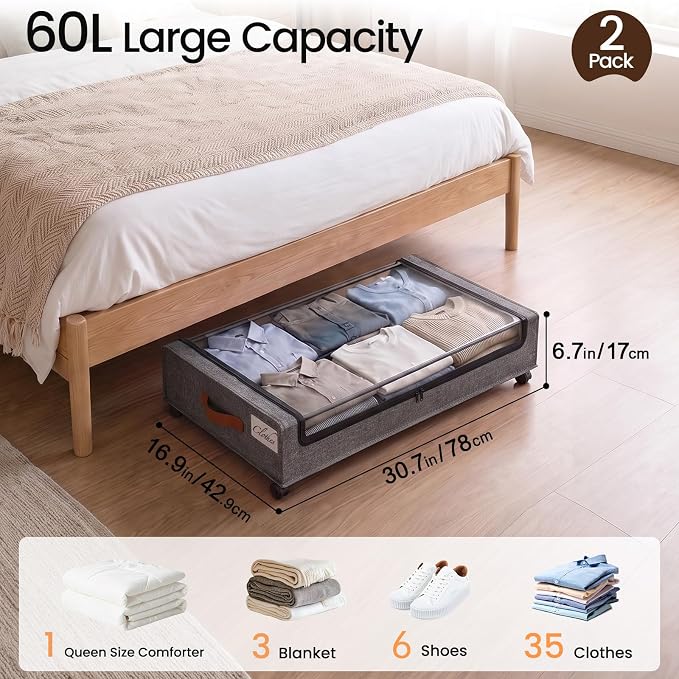 Yecaye 60 L Under Bed Storage with Wheels, 2 Pack Under Bed Storage Containers with Clear Window & Label, Rolling Under bed Shoe Storage organizer for Clothes, Shoes, Hemp Grey - Image 2