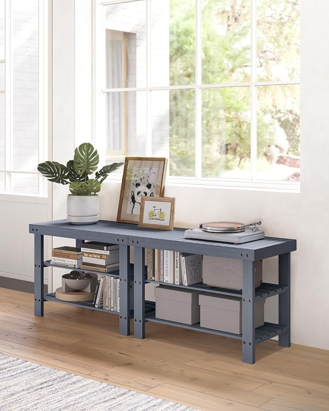 SONGMICS Shoe Rack Bench, 3-Tier Bamboo Entryway Bench, 27.6 Inches Width | Shoe Storage Organizer, Holds Up to 286.6 lb, Gray, BAMBOU Collection ULBS04GY - Image 5
