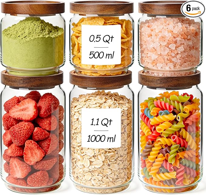 ComSaf Glass Pantry Storage Container with Acacia Wood Lids 1.1/0.5Qt 6Pack by ComSaf