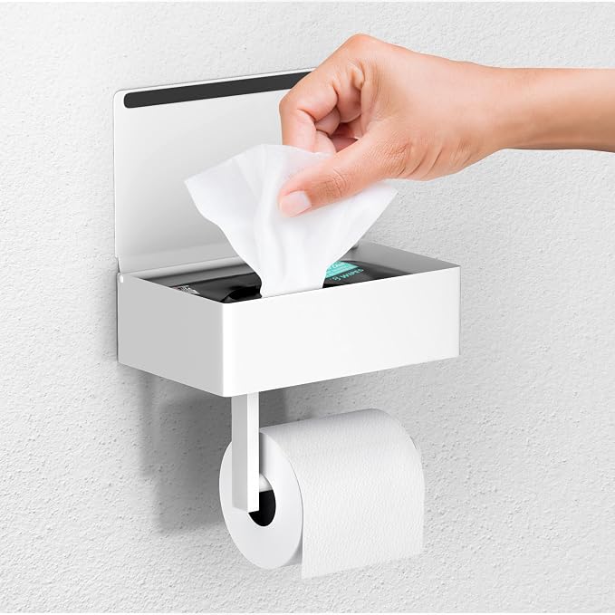 Day Moon™ - Toilet Paper Holder with Shelf - Modern Roll Holder for Bathroom - 1 Pack - Wall Mount - with Storage, White by DayMoonDesigns