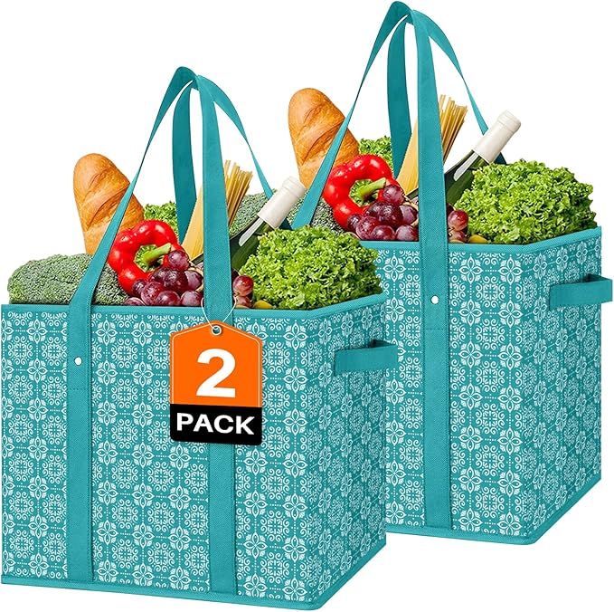 Reusable Grocery Bags 2 Pack, Foldable & Water Resistant Shopping Bags by WiseLife