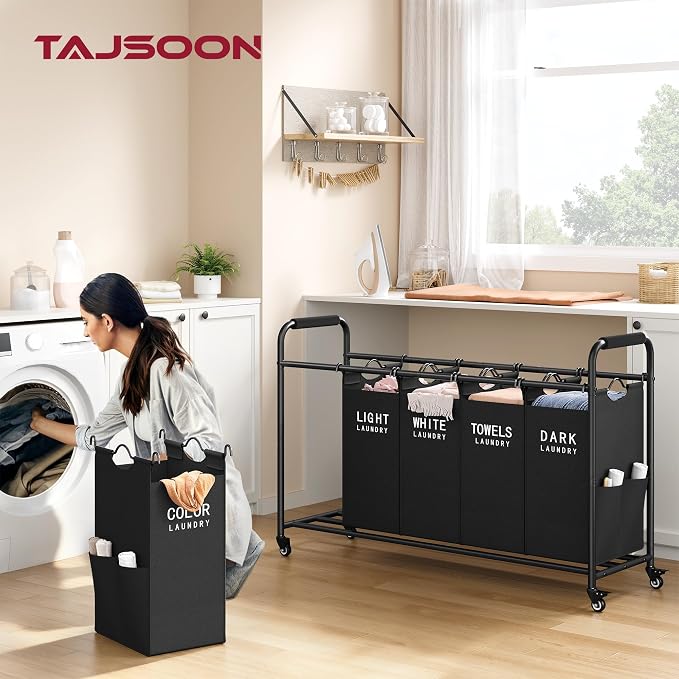 Tajsoon 5 Bag Laundry Sorter, 5 Section Laundry Hamper with Wheels, Black - Image 8