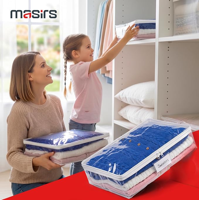 Masirs Clear Sweater Storage Bags 2-Pack – Zippered Vinyl Organizers with Label Pocket, Durable Dustproof Clothing Storage for Sweaters, Blankets, Linens, Underbed & Closet Use - Image 6