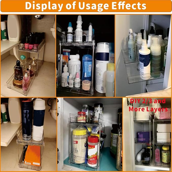 Yieach 4 Set Bathroom Organizers and Storage,2 Tier Clear Under Sink Organizer and Medicine Cabinet Organizer for Kitchen,Pantry Storage,Pull Out Drawers for Skincare,Pill Bottle,Spice Organization - Image 4