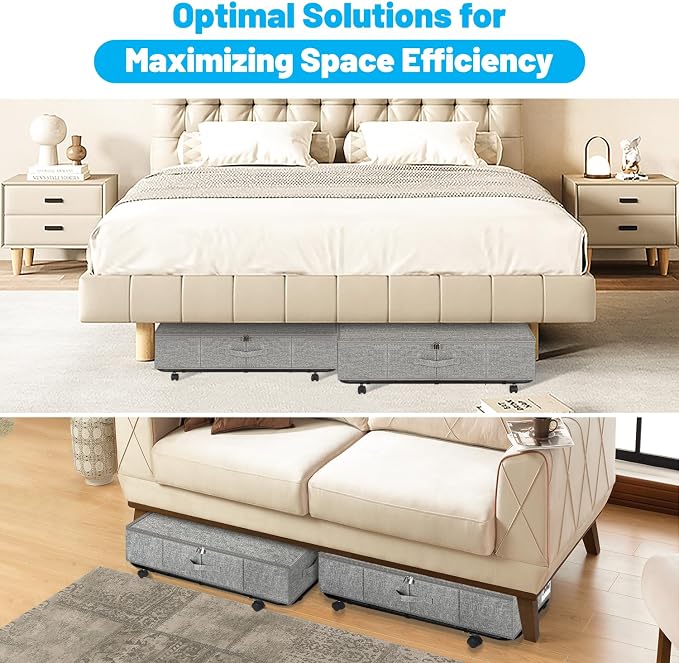 Large Sturdy Under Bed Storage with Wheels, 2 Pack 50L Rolling Underbed Storage Bins, Under Bed Containers Drawer with Metal Bottom Support, Bedroom Organizer with Lids for Clothes, Shoes, Blankets - Image 8