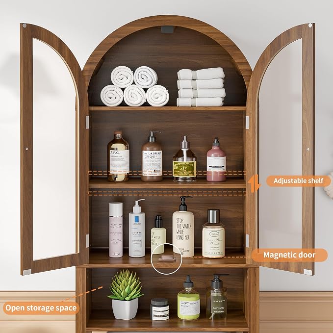 Arched Over The Toilet Storage Cabinet with Acrylic Doors, 4 Tier Small Bathroom Shelf Organizer, Mid Century Modern Bathroom Cabinet with Adjustable Shelf, Slim Narrow Arch Toilet Rack, Walnut - Image 8