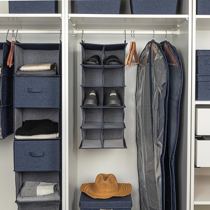Household Essentials Hanging Cotton Blend and Plastic Closet Shoe Organizer with 10 Storage Compartments, Denim - Image 2