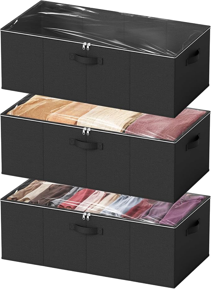 SpaceAid 3 Pack 10" High Under Bed Storage Containers, Large Underbed Storage Organizer Bins with Lids for Bedroom, Dorm, Clothes, Closet Organization, Bed Sheets and Blankets (Black) by SpaceAid