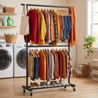 Sywhitta Double Rod Metal Clothing Garment Rack on Wheels, Black - Image 6