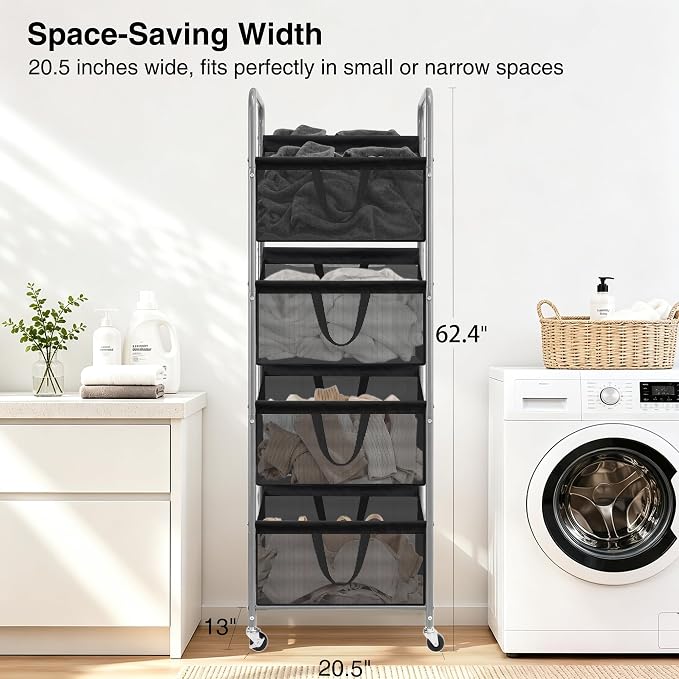 STO STO 4-Tier Vertical Rolling Laundry Hamper, Removable Bags, Black Mesh - Image 3