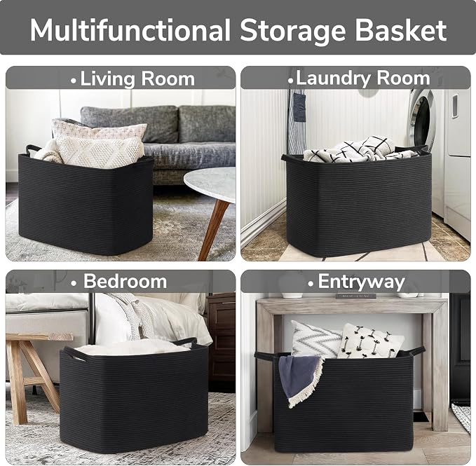 Goodpick 105L Extra Large Woven Rope Blanket Basket, Rectangle, Black - Image 4