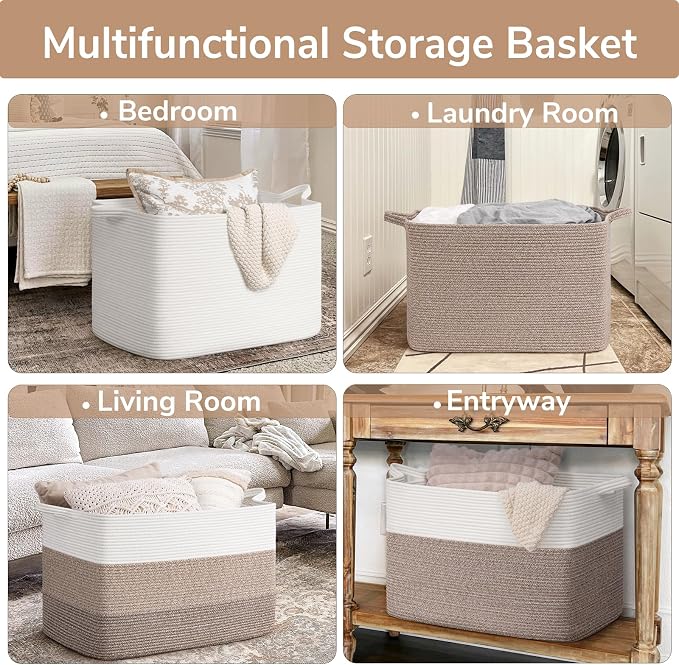 Goodpick 105L Extra Large Woven Rope Blanket Basket, Rectangle, White - Image 4