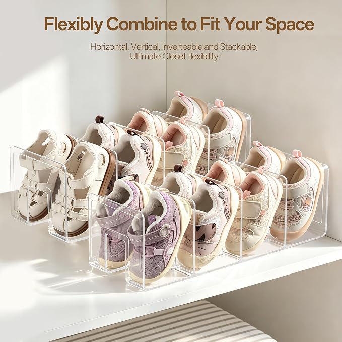 HBlife Widened 3.94 Inch Clear Acrylic Kids Shoe Rack for Closet Organizers and Storage, Small Shoe Rack 4 Sections Toddler Baby Shoe Storage Organizer Shelf, Desk File Book Purse Organizer (4 Pack) - Image 4