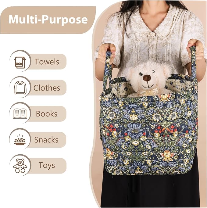 Storage Basket Boho Fabric Large Collapsible Floral Laundry Nursery Hamper Portable Folding Storage for Clothes Toys (Blue) - Image 3