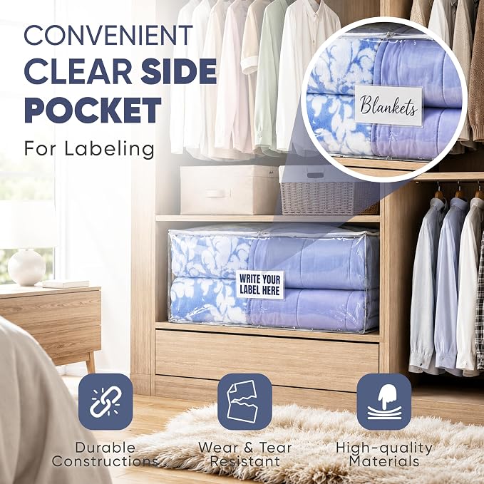 Masirs Clear Blanket Storage Bag (2-Pack) - Vinyl Clothing Organizers with Zipper & Label Pocket - Protects from Dust, Moisture & Dirt - Ideal for Underbed Storage Sheets, Comforters & Bedding - Image 5