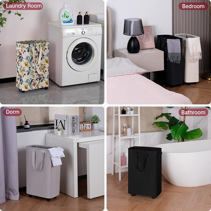 efluky Slim Laundry Hamper with Wheels, Rolling Laundry Basket for Clothes, Small Laundry Basket for Bedroom, Dorm and Laundry Room, 60L (12.7 Gallons) Floral - Image 5