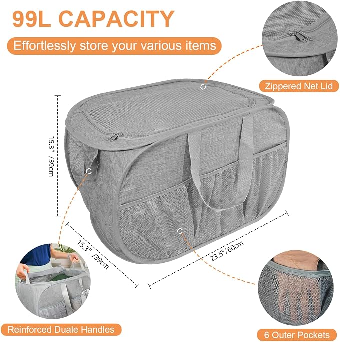 Collapsible Laundry Baskets with Lid, Foldable Laundry Basket with Pockets, Pop Up Laundry Hamper with Dual Handles, 99L Sturdy Hampers for Clothes, Groceries, Supplies, Tools, Grey - Image 4