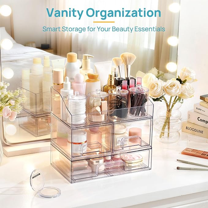 Vtopmart 8 PCS Bathroom Countertop Organizer, 1 Divided Tray with 4 Qtip Holder Jars and 3 Drawers, Restroom Clear Organizers for Toothbrush, Cotton Pads, Vanity Accessories Storage Set - Image 6