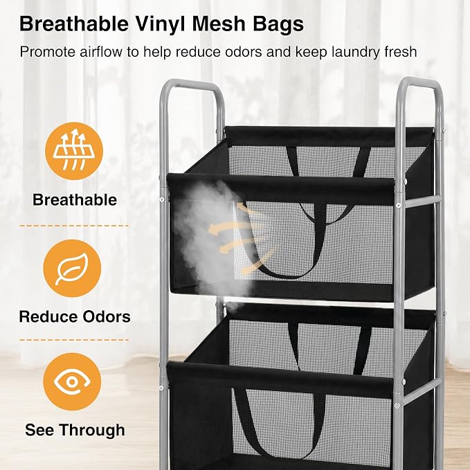 STO STO 4-Tier Vertical Rolling Laundry Hamper, Removable Bags, Black Mesh - Image 6