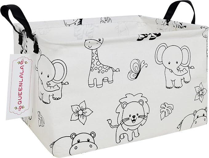 QUEENLALA Rectangular Collapsible Laundry Basket with Side Handles, Zoo by QUEENLALA