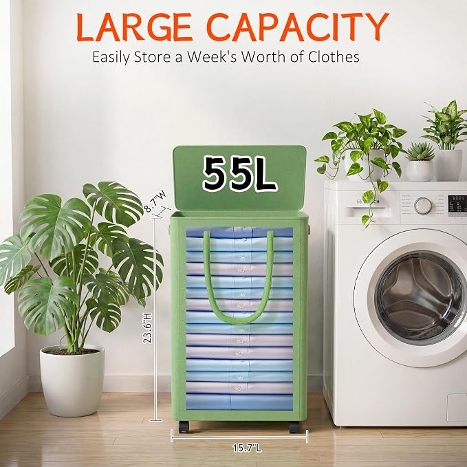 Slim Laundry Hamper with Wheels,15 Gal (55L) Rolling Laundry Basket with lid and wheels Clothes Hamper Foldable Tall Dirty Clothes Basket Sturdy Collapsible Clothes Hamper for Dorm,Laundry Room - Image 2