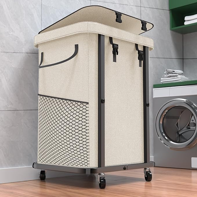 Laundry Basket with Lid, 150L Rolling Laundry Hamper with Wheels White by Unlockyourhomestoragelife