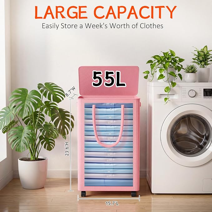 Slim Laundry Hamper with Wheels,15 Gal (55L) Rolling Laundry Basket with lid and wheels Clothes Hamper Foldable Tall Dirty Clothes Basket Sturdy Collapsible Clothes Hamper for Dorm,Laundry Room - Image 2