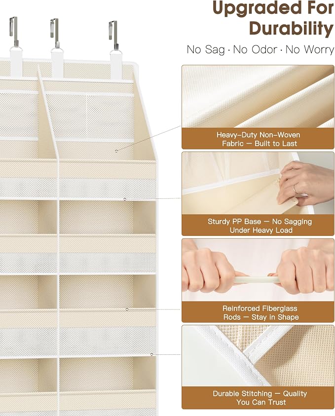 Criusia Over the Door Organizer, Extra Large 12 Compartments Closet Hanging Storage with 14 Mesh Pockets, 85lbs Capacity Behind the Door Storage for Baby Nursery, Bathroom, Bedroom, and Dorm, Beige - Image 3