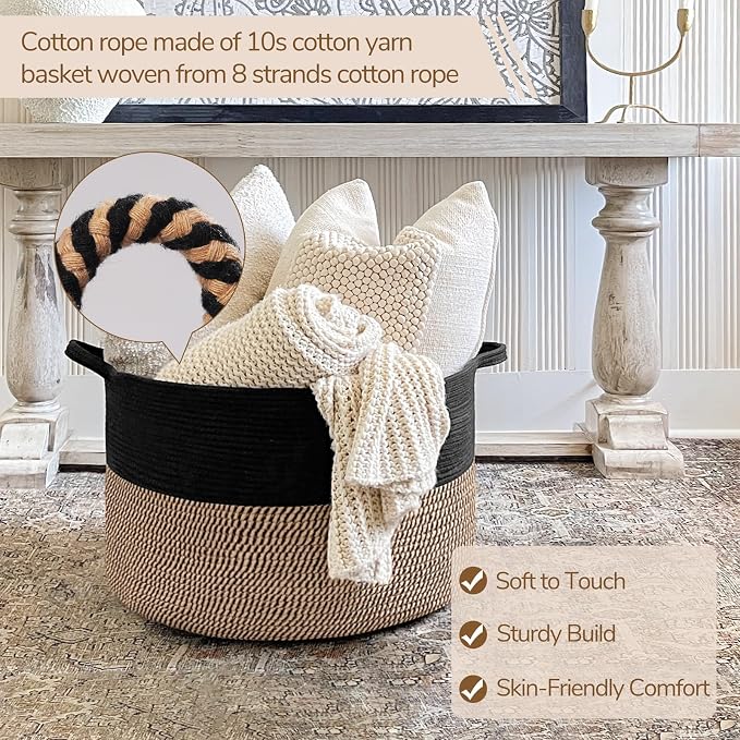 INDRESSME XXXLarge Woven Rope Blanket Basket Living Room Mix Black, 90L - Image 2