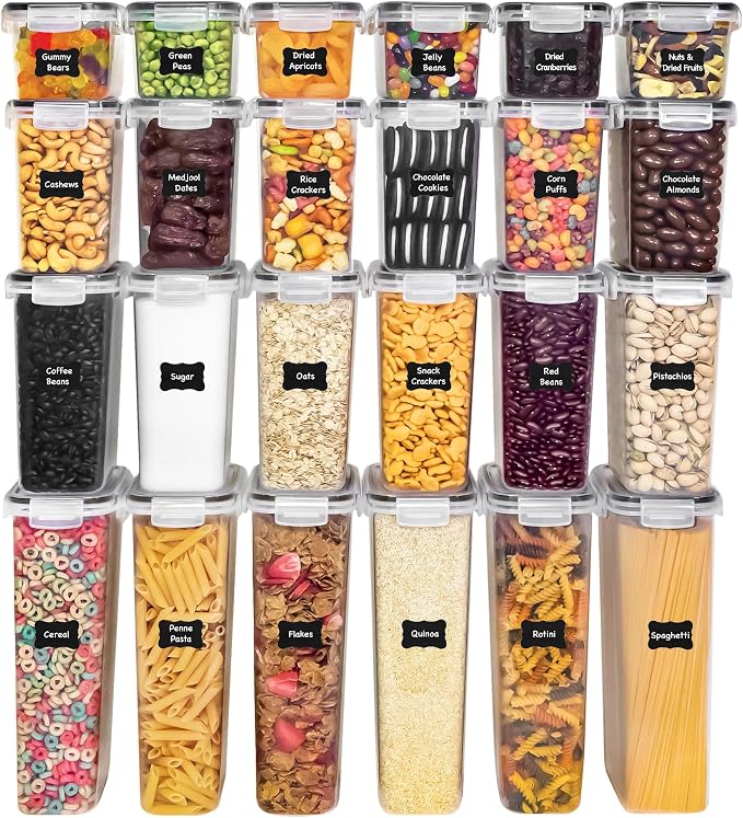 Freshware Kitchen Storage Containers with Lids, 48 PCS Airtight Food Storage Containers, Plastic Kitchen Containers, Pantry Containers for Cereal, Dry Food, Includes Labels, Marker & Measuring Spoons - Image 7