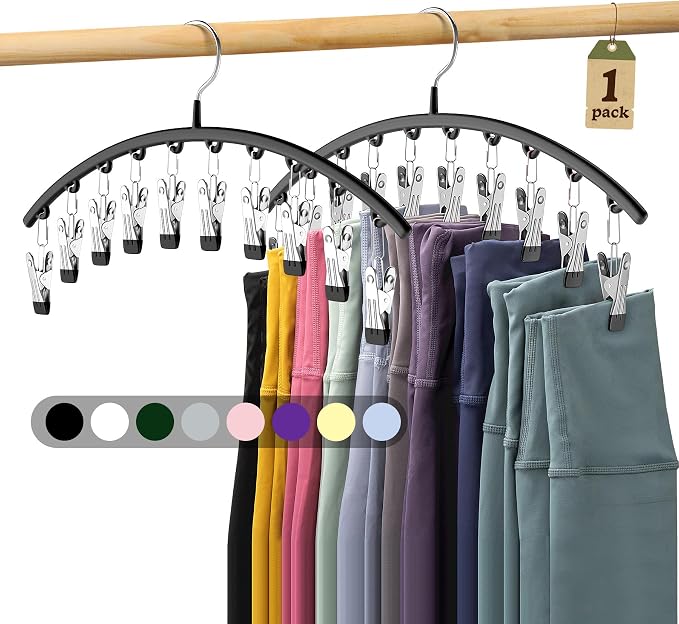 Legging Organizer for Closet, Metal Yoga Pants Hangers 1 Pack w/10 Clips Holds 10 Leggings, Space Saving Hanging Closet Organizer w/Rubber Coated Closet Organizers and Storage, Black by Volnamal
