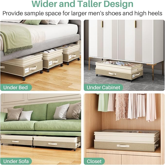 Kitstorack 2Pack Height-adjustable Under Bed Storage with Wheels, Under Bed Storage Containers,Under Bed Shoe Storage Organizer with Clear Window&Label, Suitable for Clothes Storage, Beige & Linen - Image 7
