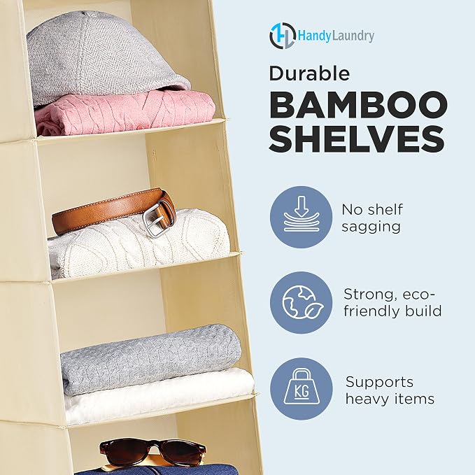 Handy Laundry Hanging Closet Organizer - 6 Shelf Storage for Clothes, Sweaters, Shoes & Accessories - Space-Saving Wardrobe Shelves with Hooks for Dorm, RV & Small Closet Organization (Beige) - Image 4