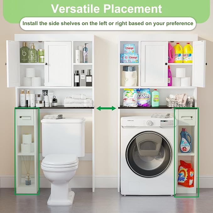 Over The Toilet Storage Cabinet with 7 Shelves, Imitation Walnut Grain Above Toilet Bathroom Organizer with Toilet Paper Holder Stand, Space Saver for Restroom, Laundry, Bathroom (White) - Image 3