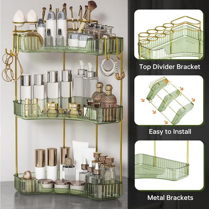3-Tier Corner Bathroom Counter Organizer，Makeup & Skincare Shelf with Built-in Brush Holder，Space-Saving Bathroom Countertop Organizer for Skincare, Perfume, Cosmetics(Green) - Image 3