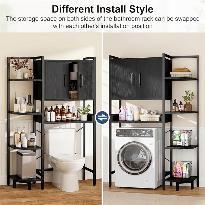 K2 Heavy Duty 7-Tier Over The Toilet Storage Cabinet（with Magnetic Doors & Adjustable Feet） Freestanding Above Toilet Shelf，Space Saver Bathroom Organizer 9.3" D x 31.5" W x 67.2" H，Black - Image 5