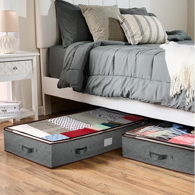 ZOBER Under Bed Storage Bags, Underbed Storage Containers, Gray, 90L 4-Pack | Non-woven fabric, foldable, clear top, dual zippers, reinforced handles, under bed storage containers for clothes, blankets - Image 5