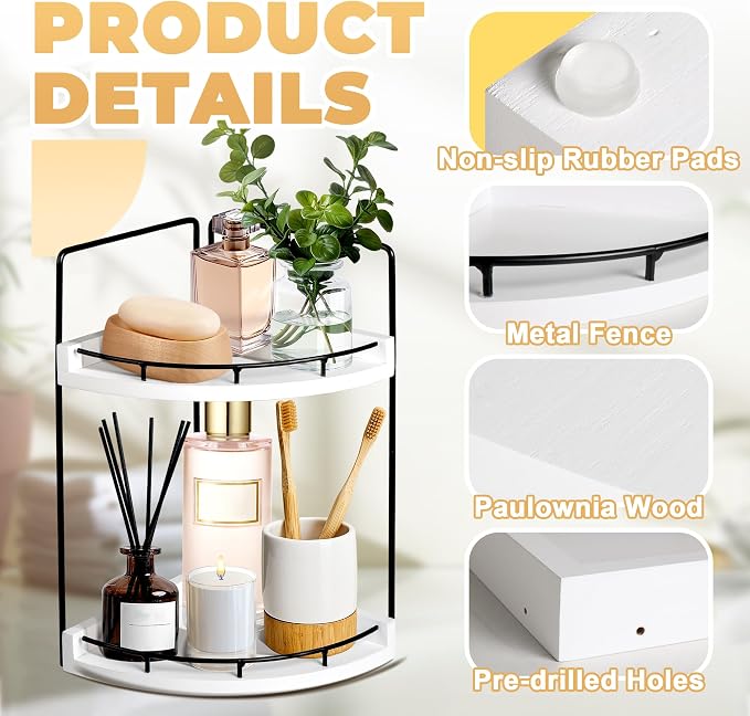 2 Tier Bathroom Counter Organizer, Bathroom Counter Tray and Vanity Organizer, Wood Corner Countertop for Kitchen, Dresser (White) - Image 6