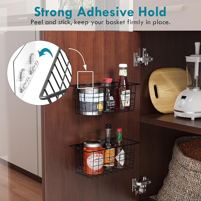 MaraFansie Hanging Kitchen Baskets, 2 Pack Wire Storage Basket Over Cabinet Door Organizer with Adhesive Hooks, No Drilling Pantry & Cabinet Organization for Kitchen Bathroom, Extra 2 Hooks, Black - Image 3