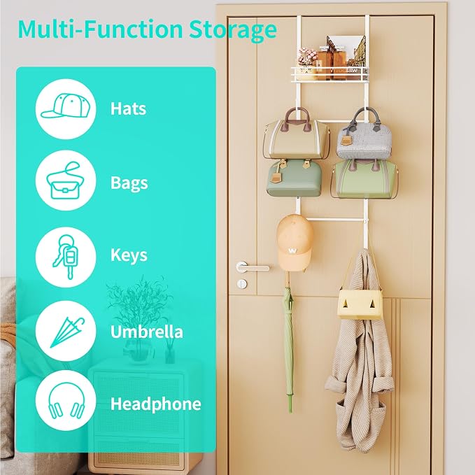 HapiRm Over the Door Purse Organizer - Wall Mounted Purse Rack with 10 Hooks and Metal Basket, Hanging Handbag Organizer Holds up to 10 Bags, Bag Rack Can Use As 1/2 Part, for Door, Closet (White) - Image 4