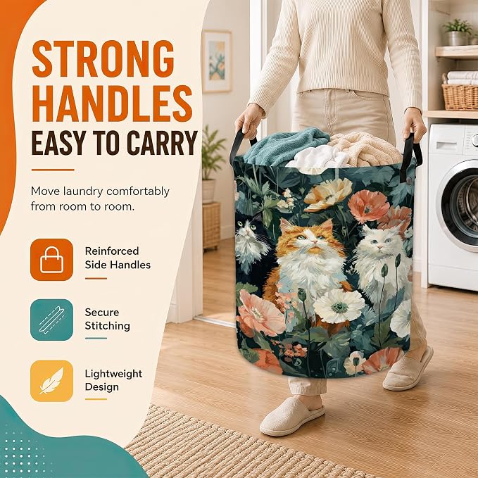Cute Cat Laundry Basket,Poppy Flowers Foldable Oxford Laundry Hamper with Handles,Collapsible Clothes Storage Basket for Bedroom,Bathroom,or Laundry Room,20.8 x 16 Inches - Image 5