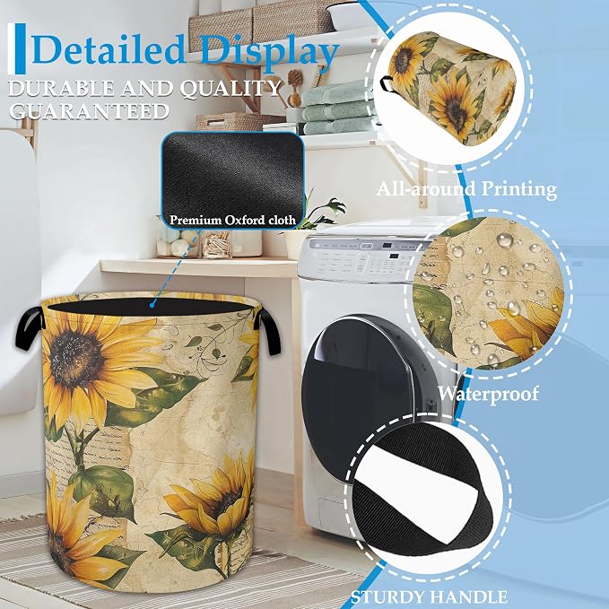 Vintage Sunflowers Laundry Basket Collapsible Laundry Hamper, Oxford Cloth Storage Bin for Room/Bathroom/Bedroom/Dormitories 16" X 20.8" - Image 3