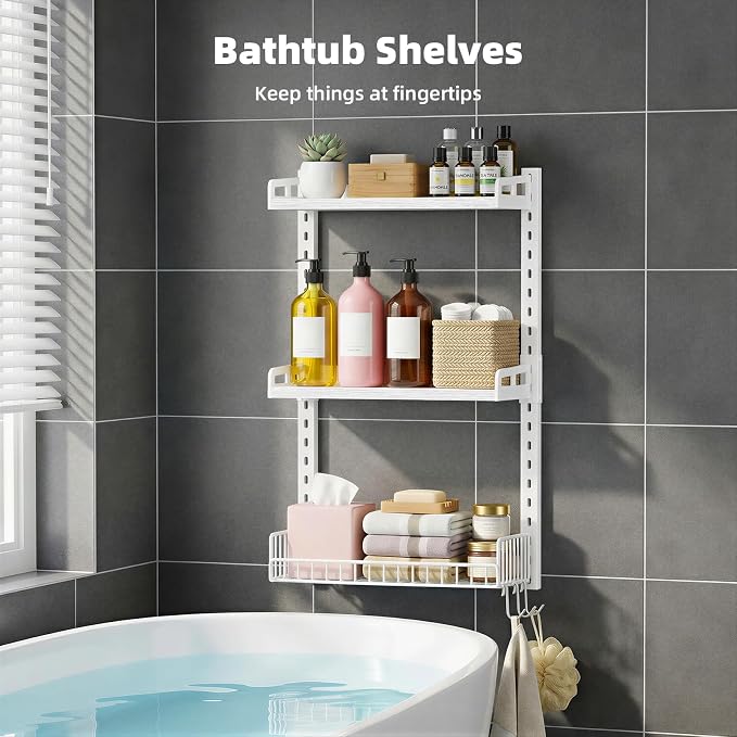 Kalrin 3 Tier Bathroom Shelves Over Toilet - Wall Mounted Floating Shelves with Drain Basket, Toilet Paper Storage, Height Adjustable Over The Toilet Storage, Pure White - Image 3